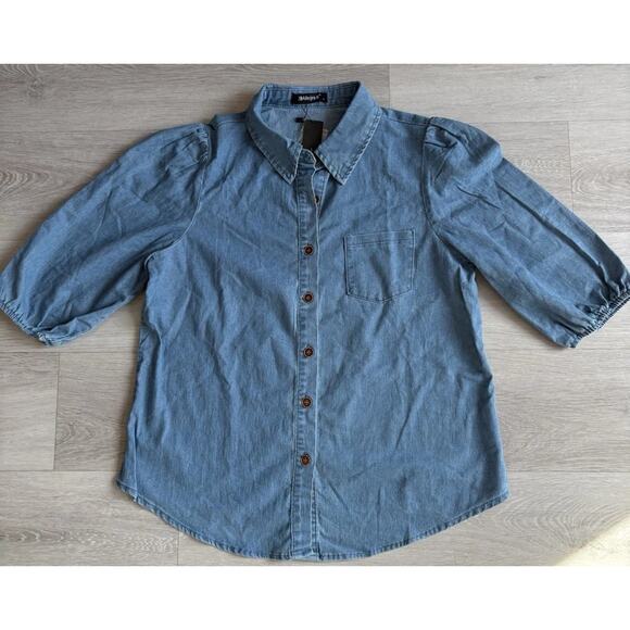 Allegra K Women’s Denim Puff Sleeve Button Down Shirt - Picture 1 of 6